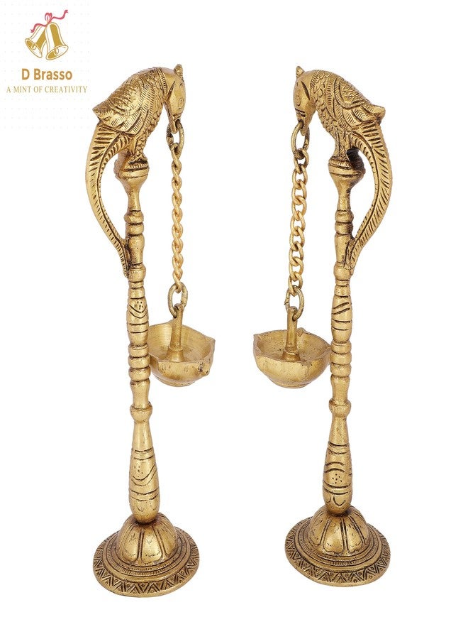 D Brasso Brass Pair of Hanging Diyas | Parrot Inspired Design Oil Lamps | Antique Finish Traditional Pooja Décor | Set of 2 - Image 3